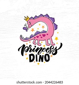 Hand sketched pink dino vector illustration with lettering typography. Concept for children t-shirt print. Pink dino logotype, badge, icon. Dinosaur logo, banner, flyer. eps 10. Vector illustration