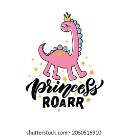 Hand sketched pink dino vector illustration with lettering typography. Concept for children t-shirt print. Pink dino logotype, badge, icon. Dinosaur logo, banner, flyer. eps 10. Vector illustration