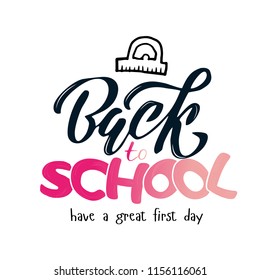 Hand sketched pink gradient Back to school lettering on white background, protractor. have a great first day. Design for logo, banner, flier, card, posters, T-shirt. Flat scratched Vector illustration