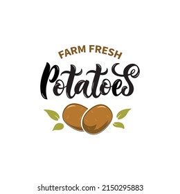 Hand sketched Potatoes product lettering typography. Concept for farmers market, organic food, natural product design. Potato logo, emblem, sign, badge, icon. Vector illustration, brush calligraphy