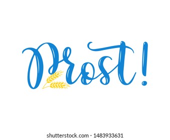 Hand sketched Prost phrase in German, translated Cheers, isolated on white background. Drawn Oktoberfest lettering typography, vector illustration.