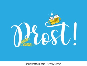 Hand sketched „Prost“ quote in German with beer mugs, translated "Cheers". Drawn Oktoberfest lettering typography, vector illustration. 10 eps