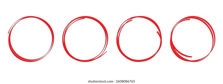 Hand sketched red circular line collection. Doodle style round scribbles for design elements or note highlights. Pencil or pen drawn or inked graffiti style bubbles. Vector illustration. EPS 10
