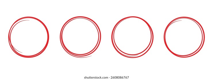 Hand sketched red circular line collection. Doodle style round scribbles for design elements or note highlights. Pencil or pen drawn or inked graffiti style bubbles. Vector illustration. EPS 10