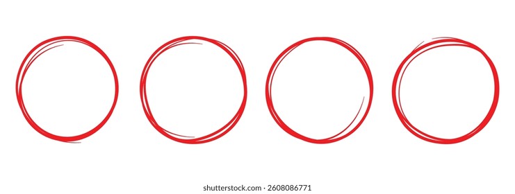 Hand sketched red circular line collection. Doodle style round scribbles for design elements or note highlights. Pencil or pen drawn or inked graffiti style bubbles. Vector illustration. EPS 10