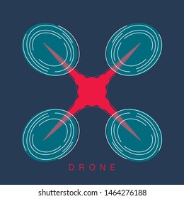 Hand sketched red drone with propellers on dark blue background. EPS 10 vector illustration as logo for promotional material, print, website, web page.