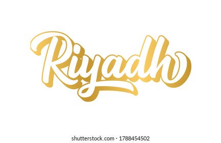 Hand sketched RIYADH word as banner or logo in gold.  Lettering for header, label, print, card, advertising