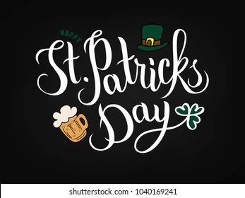 Hand sketched Saint Patrick's Day text as logotype, card, banner template. Vector illustration for Irish celebration design. Hand drawn typography badge with beer, green hat and shamrock.