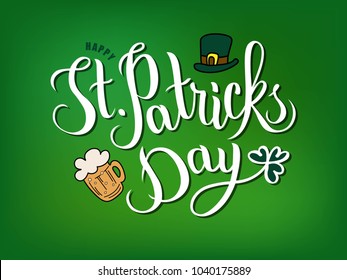 Hand sketched Saint Patrick's Day text as logotype, card, banner template. Vector illustration for Irish celebration design. Hand drawn typography badge with beer, green hat and shamrock.