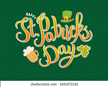 Hand sketched Saint Patrick's Day text as logotype, card, banner template. Vector illustration for Irish celebration design. Hand drawn typography badge with beer, green hat and shamrock.
