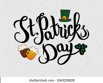 Hand sketched Saint Patrick's Day text logotype. St. Patricks Day celebration design on textured background. Lettering typography. St. Patricks Day icon. Beer festival decoration badge. Vector.