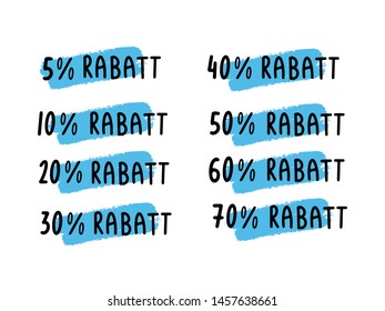 Hand sketched sale tags set vector badges template, German text Rabatt translated Discount. 5 off, 10%, 15, 20, 25, 30, 50, 60, 70,  80, 100%, 90 percent label symbols, discount flat icon, stickers. 