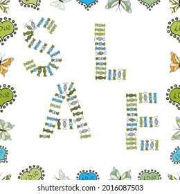 Hand sketched Sale text as blog theme design. Seamless. Perfect big letters for bloggers. Vector. Picture in green and white colors. Blogging concept illustration for web page, promotional materials.