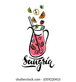 Hand sketched Sangria recipe with lettering typography. Traditional spanish drink. Sangria vector illustration. 