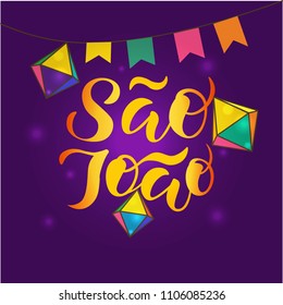 Hand sketched Sao Joao text for logo, badge, icon, card, invitation and banner template. Portuguese Brazilian Text saying Saint John. Festive lettering typography. Vector illustration.