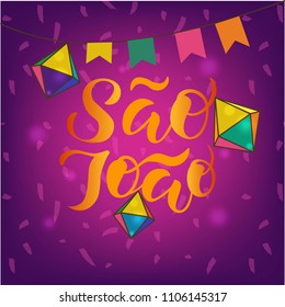 Hand sketched Sao Joao text for logo, badge, icon, card, invitation and banner template. Portuguese Brazilian Text saying Saint John. Festive lettering typography. Vector illustration.