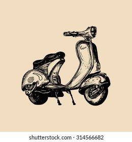 Hand sketched scooter. Vector vintage retro motorroller illustration for poster, banner, card etc.