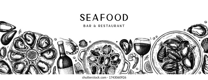 Hand sketched seafood and wine banner design. Shellfish banner with mollusks, shrimps, fish illustrations. Perfect for recipe, menu, delivery, packaging. Vintage mussels and oyster background