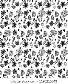 Hand sketched seamless pattern with mulled wine ingredients. Apples, cinnamon sticks, anise, cloves, oranges on a white background. Vector
