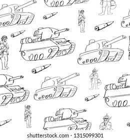 Hand sketched Seamless pattern with soldiers, punzers or tank, combat cartridges. Military background in sketch style. Template for February 23- the Day of Defender of the Fatherland, cover, poster.