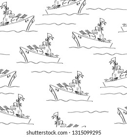 Hand sketched Seamless pattern with war ship or border ships . Military background in sketch style. Template for February 23- the Day of Defender of the Fatherland, Navy Day, cover, poster. Vector. 