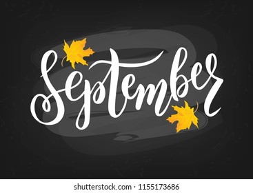 Hand sketched September text. Lettering typography. Vector illustration as poster, postcard, greeting card, invitation template. Concept September advertising