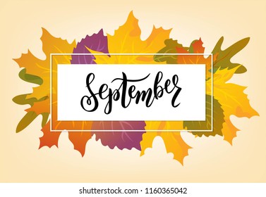 Hand sketched September text. Lettering typography. Vector illustration as poster, postcard, greeting card, invitation template. Concept September advertising