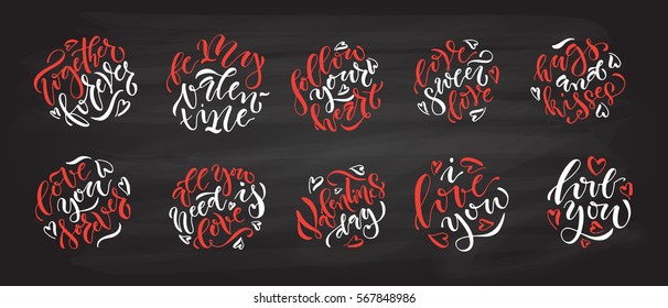 Hand sketched  set as logotype, badge/icon typography for Valentines Day. Love You for Valentines Day greeting card/invitation template. 