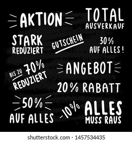 Hand sketched set of sale quotes on a black background. German text Angebot, reduziert, SSV WSV, translated Offer, Summer Winter Sale, Up to Off, Discount