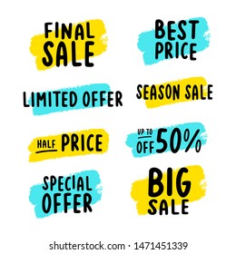 Hand sketched set of sale quotes with painted brush stroke frames. Isolated on white background. Drawn banner, tags, labels, stikers. Vector illustration.