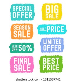Hand sketched set of sale quotes. Drawn banner, tag, label, sticker. SPECIAL OFFER, BIG SALE, HALF PRICE.