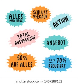 Hand sketched set of summer sale stickers in German. German text Angebot, reduziert, SSV WSV, Schlussverkauf, Aktion, translated Offer, Summer Winter Sale, Up to Off,  Discount, Final Sale