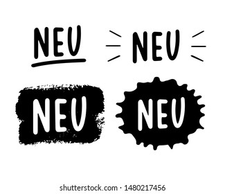 Hand sketched set of „Neu“ word in German isolated on white background, translated „New“. Vector badges template, label, symbol. Drawn comertial lettering. 