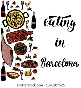 Hand sketched spanish food icons with lettering Eating in Barcelona for travel guide, tourist map, icon or emblem for food and drink, menu for restaurant, cafe, social media.