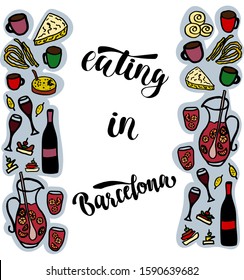 Hand sketched spanish food icons with lettering Eating in Barcelona for travel guide, tourist map, icon or emblem for food and drink, menu for restaurant, cafe, social media. 