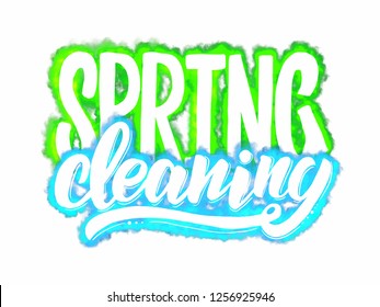 Hand sketched Spring cleaning text as logotype, logo, badge and icon on white background . Postcard, card, invitation, flyer, banner template. Vector lettering typography. EPS 10.