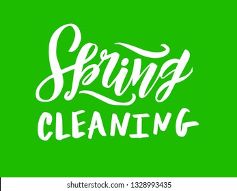 Hand sketched Spring cleaning text as logotype, logo, badge and icon on bubble background with leaves. Postcard, card, invitation, flyer, banner template. Lettering typography.