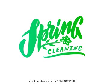 Hand sketched Spring cleaning text as logotype, logo, badge and icon on bubble background with leaves. Postcard, card, invitation, flyer, banner template. Lettering typography.