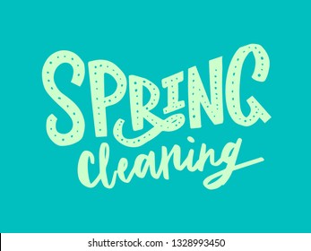 Hand Sketched Spring Cleaning Text As Logotype, Logo, Badge And Icon On Bubble Background With Leaves. Postcard, Card, Invitation, Flyer, Banner Template. Lettering Typography.