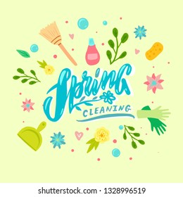 Hand sketched Spring cleaning text as logotype, logo, badge and icon on bright background with tools and flowers. Postcard, card, invitation, flyer, banner template. Lettering typography.