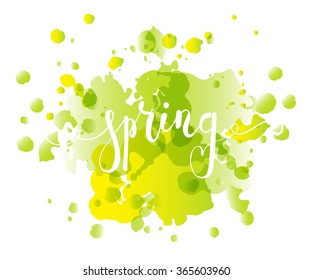Hand sketched Spring text as logotype, badge and icon. Warm season Postcard, card, invitation, banner template. Lettering typography. Season's Greetings calligraphy