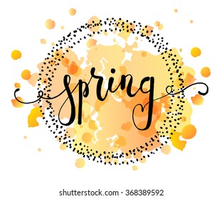 Hand sketched Spring text as logotype, badge and icon. Warm season Postcard, card, invitation, banner template. Lettering typography. Greetings calligraphy