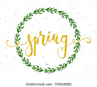Hand sketched Spring text as logotype, badge and icon. Warm season Postcard, card, invitation, banner template. Lettering typography. Greetings calligraphy