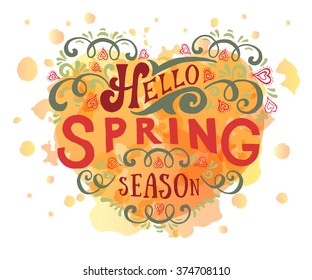 Hand sketched Spring text as logotype, badge and icon. Warm season Postcard, card, invitation, banner template. Lettering typography. Season's Greetings calligraphy
