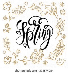 Hand sketched Spring text as logotype, badge and icon. Warm season Postcard, card, invitation, banner template. Lettering typography. Season's Greetings calligraphy