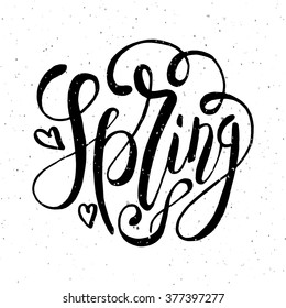 Hand sketched Spring text as logotype, badge and icon. Warm season Postcard, card, invitation, banner template. Lettering typography. Season's Greetings calligraphy