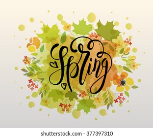 Hand sketched Spring text as logotype, badge and icon. Warm season Postcard, card, invitation, banner template. Lettering typography. Season's Greetings calligraphy