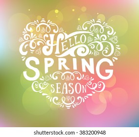 Hand sketched Spring text as logotype, badge and icon. Warm season Postcard, card, invitation, banner template. Lettering typography. Season's Greetings calligraphy