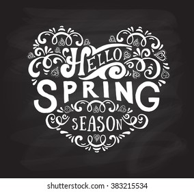 Hand sketched Spring text as logotype, badge and icon. Warm season Postcard, card, invitation, banner template. Lettering typography. Season's Greetings calligraphy