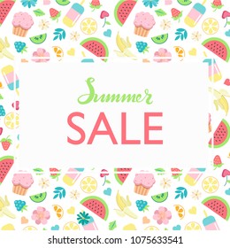 Hand sketched Summer sale typography lettering poster with summer day food elements clip art set on the background. Hand drawn banner, card template. Calligraphy letters design, vector illustration.